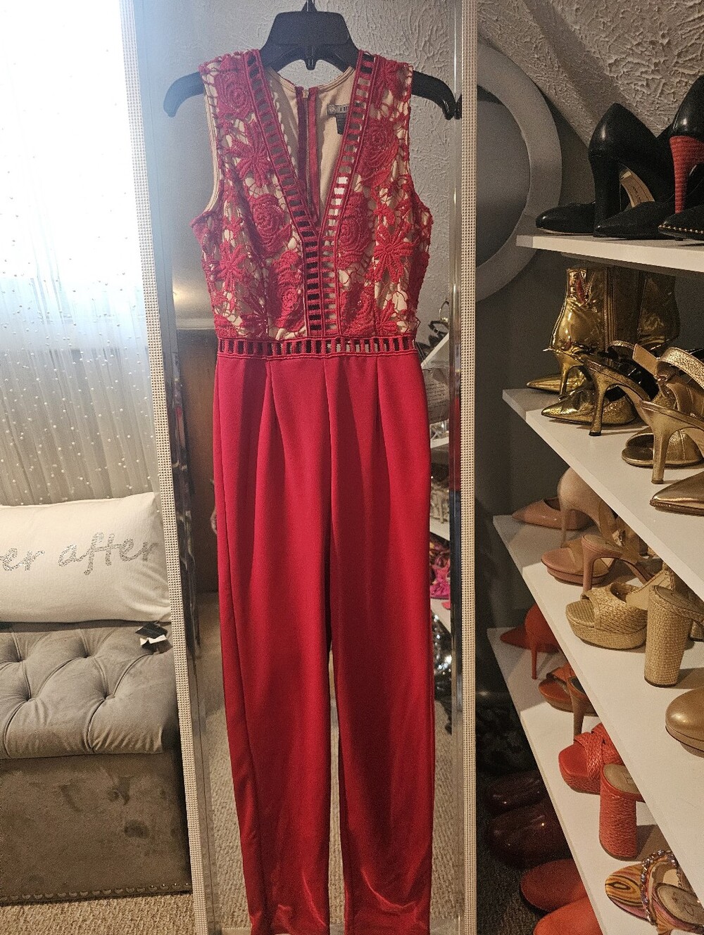 Red Embroidered V-Neck Sleeveless Jumpsuit